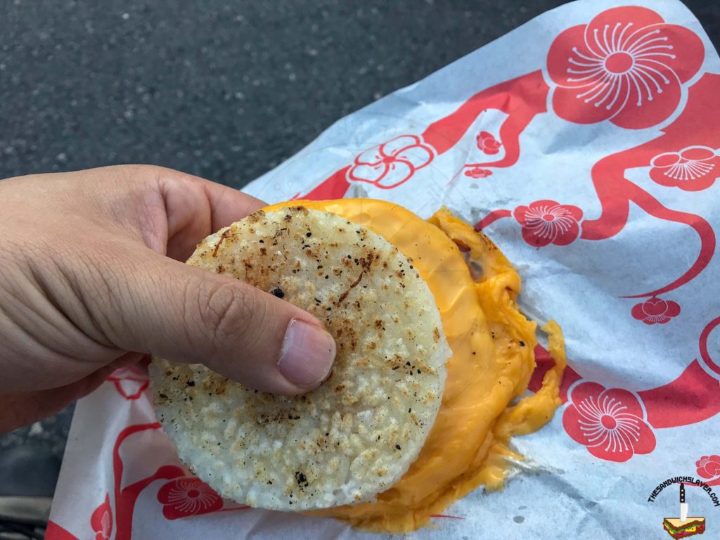 The "Tokyo Grilled Cheese" from Okamoto Kitchen. American Cheese with salt, pepper, soy sauce and mayo on crispy rice buns. It's super rich and needs something extra to finish it. Add pork belly for $3. 
