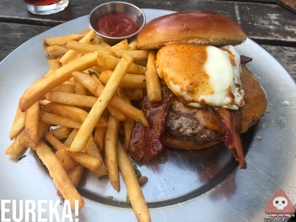 Bacon Burger poached egg fries 