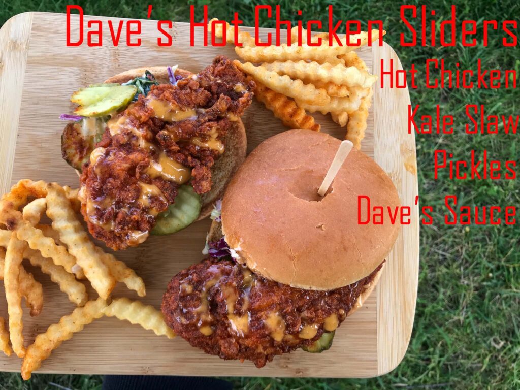 Two Fried Hot Chicken Slider Sandwiches with Fries. With Ingredients list from Dave's Hot Chicken
